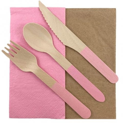 Pink eco-friendly wooden cutlery