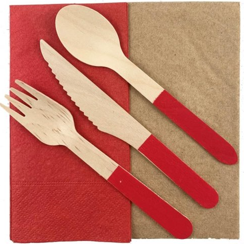 Red eco-friendly wooden cutlery